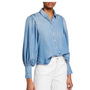 FRAME Bishop-Sleeve Button-Down Cinched Denim Shirt, Small
